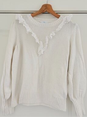 Time and Tru Cream Ruffle-Trim Crewneck Sweater